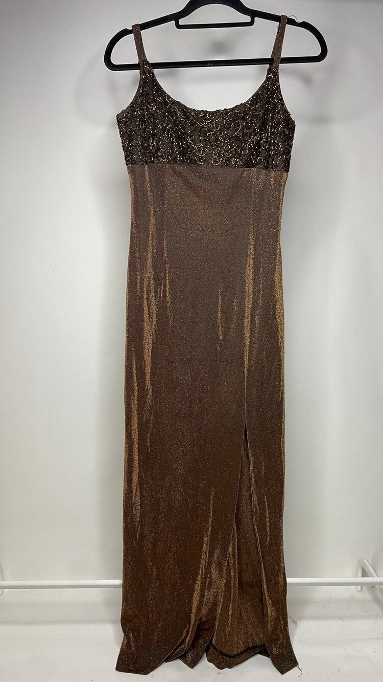 VTG Dave & Johnny Beaded Maxi Gown Dress Brown Metallic sz 9-10 Y2K Party Prom